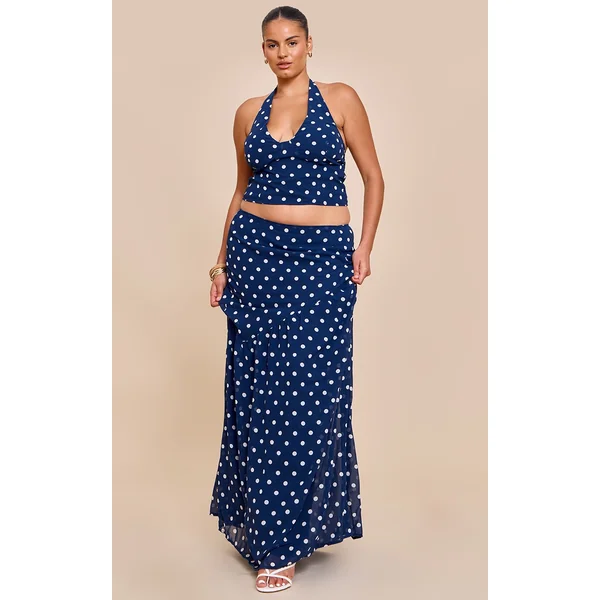 Plus Navy Polka Dot Asymmetric Maxi Skirt