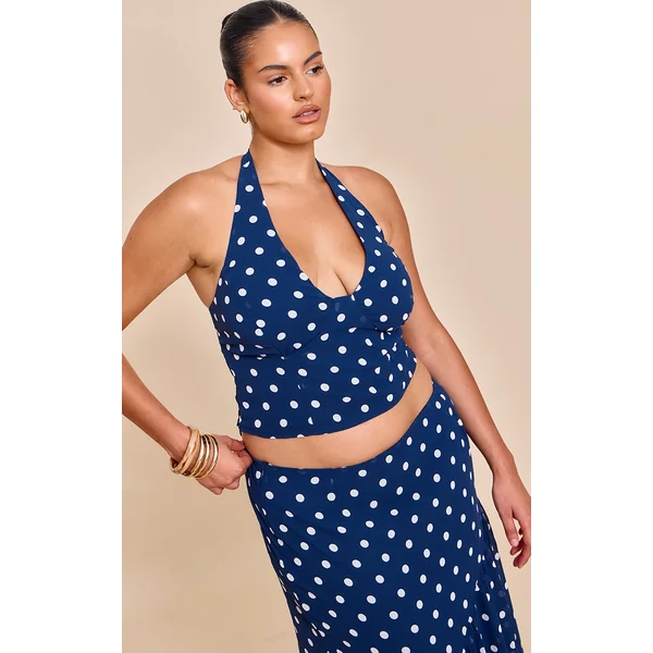 Plus Navy Polka Dot Halterneck Chiffon Top