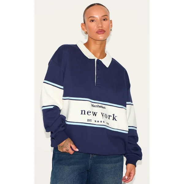 Plus Navy Premium Contrast Collar New York Embroidered Sweatshirt