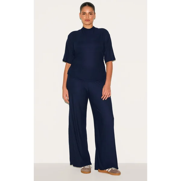 Plus Navy Soft Touch Mid Rise Wide Leg Pants