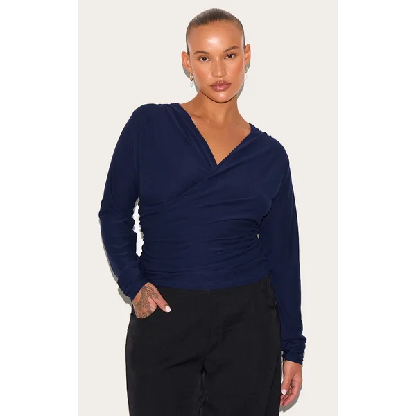 Plus Navy Soft Touch Ruched Long Sleeve Longline Top