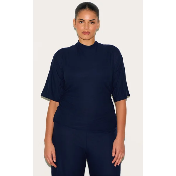 Plus Navy Soft Touch Ruched Oversized Short Sleeve T-shirt