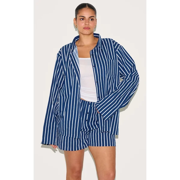 Plus Navy Striped Oversized Long Sleeve Shirt