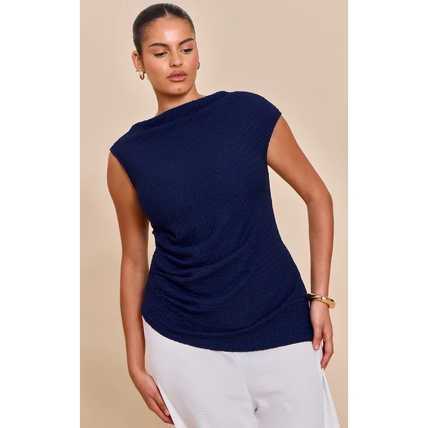 Plus Navy Textured Ruched Asymmetric Long Top