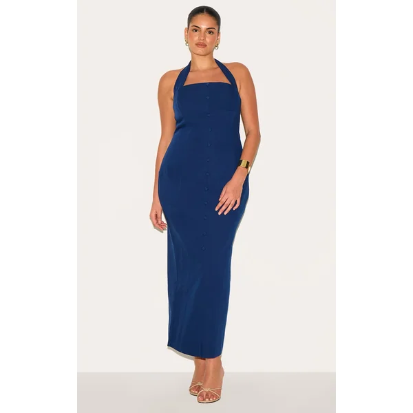 Plus Navy Woven Halter Button Maxi Dress