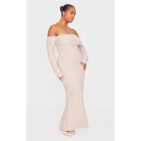 Plus Oatmeal Brushed Rib Bardot Maxi Dress