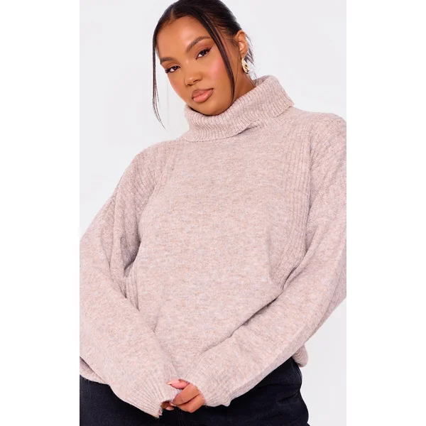 Plus Oatmeal Knitted Slouchy Roll Neck Sweater