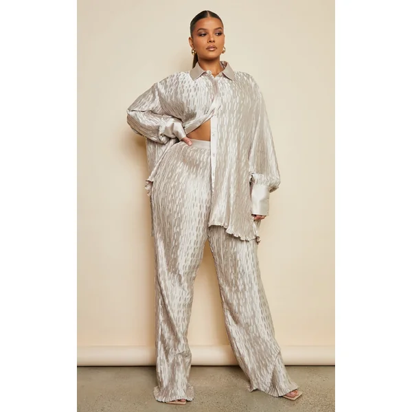 Plus Oatmeal Plisse Wide Leg Pants