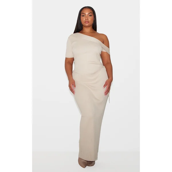 Plus Oatmeal Rib Knit Asymmetric Neck Ruched Side Maxi Dress
