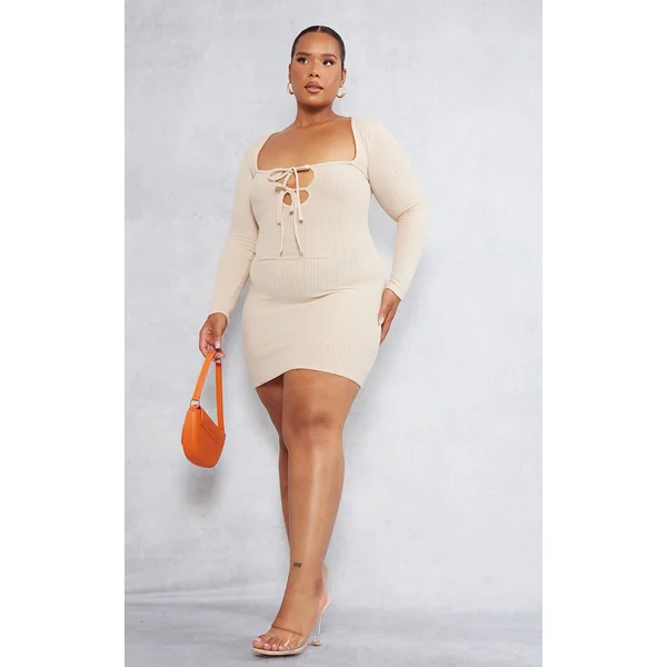 Plus Oatmeal Tie Front Longsleeve Bodycon Dress