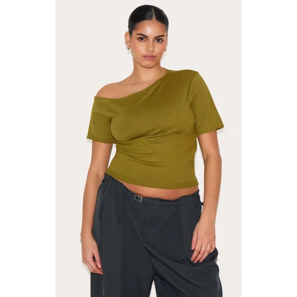 Plus Olive Basic Knit Asymmetric Neckline Top