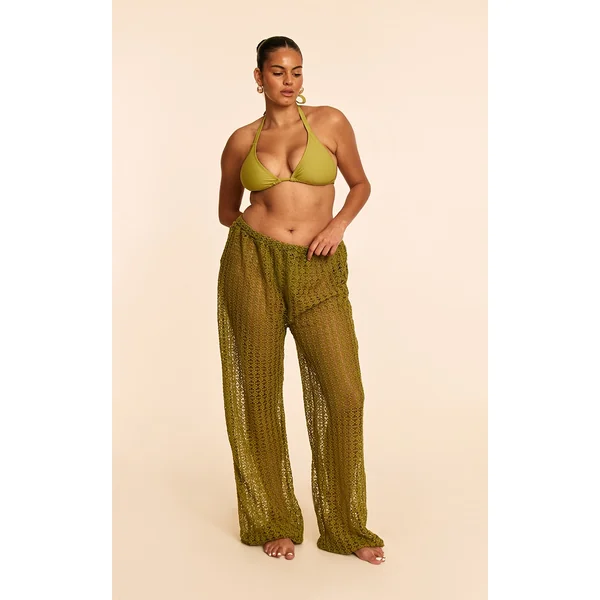 Plus Olive Crochet Low Waist Wide Leg Beach Pants
