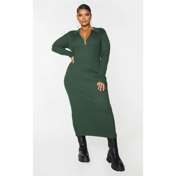 Plus Olive Half Zip Collared Detail Midaxi Dress