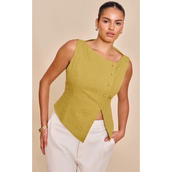 Plus Olive Premium Linen Asymmetric Button Up Vest