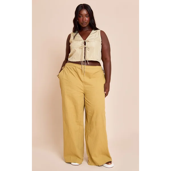 Plus Olive Premium Linen Side Tie Detail Wide Leg Pants