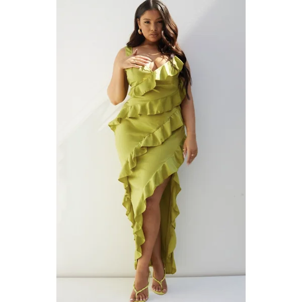 Plus Olive Satin Frill Layered Maxi Dress