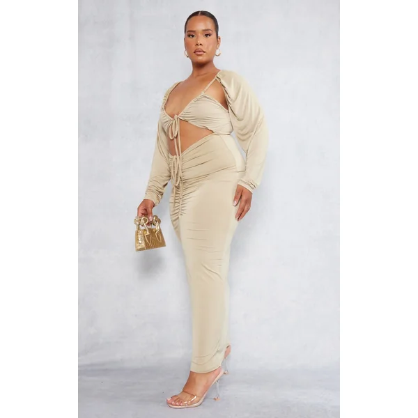 Plus Olive Slinky Cut Out Ruched Maxi Dress