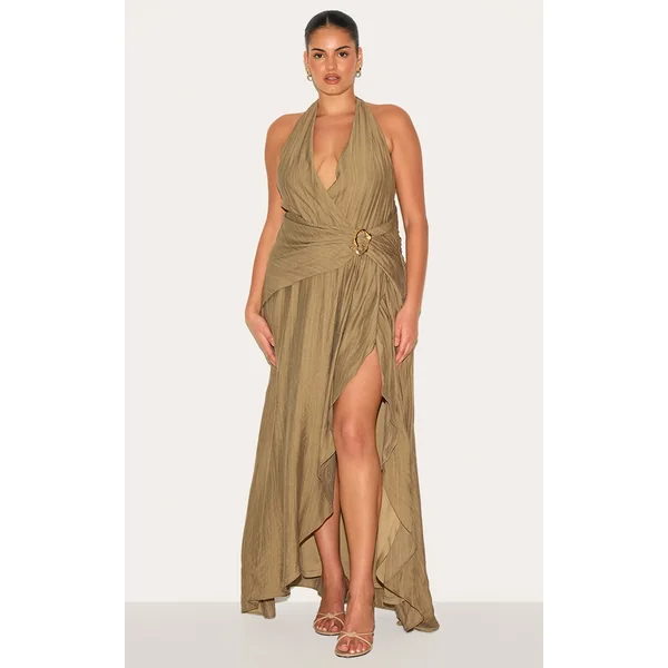 Plus Olive Textured Plunge Trim Detail Maxi Dress