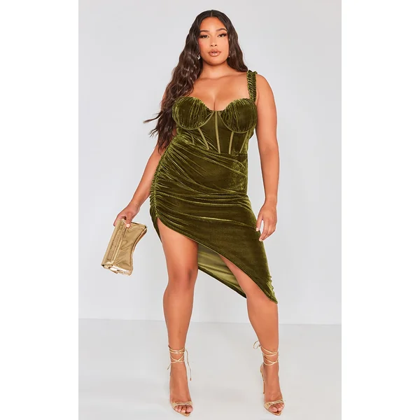 Plus Olive Velvet Ruffle Strap Corset Detail Midi Dress