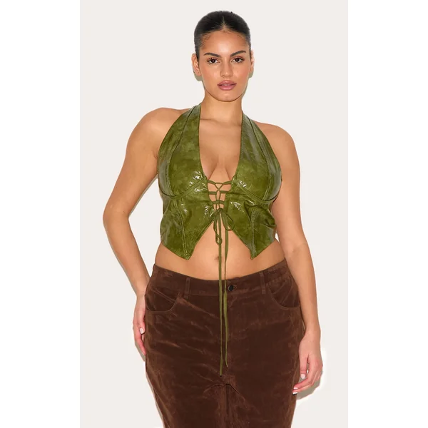 Plus Olive Washed Faux Leather Lace Up Plunge Halterneck Top
