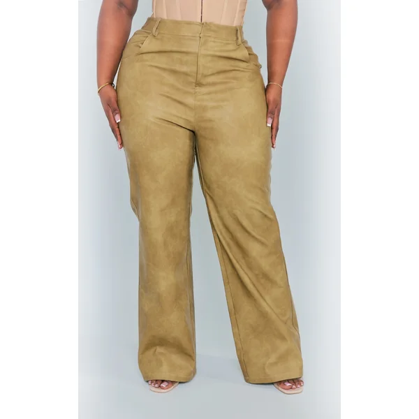 Plus Olive Washed Faux Leather Straight Leg Pants