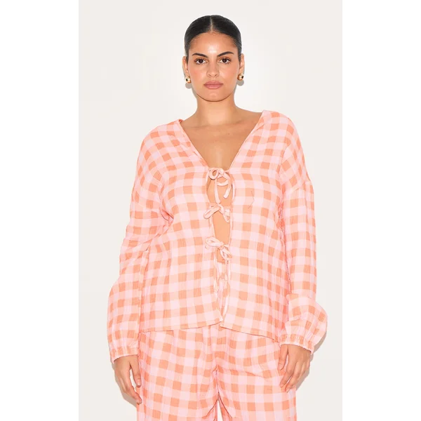Plus Orange Checked Cheesecloth Tie Front Long Sleeve Shirt