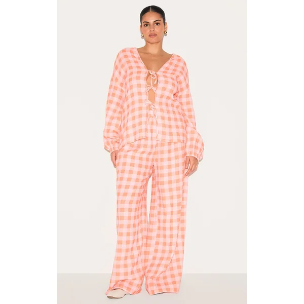 Plus Orange Checked Cheesecloth Tie Waist Wide Leg Pant