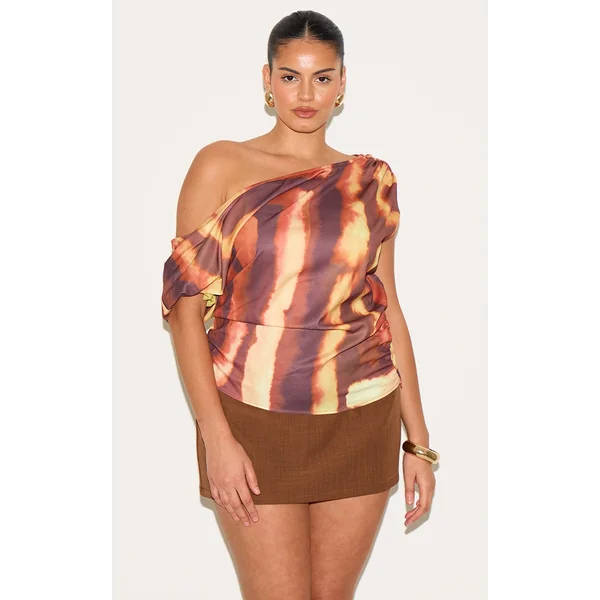 Plus Orange Floaty Woven Ruched One Shoulder Top