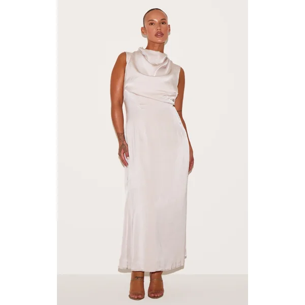Plus Oyster Satin High Neck Midaxi Dress