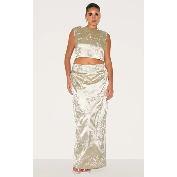 Plus Pastel Green Floral Embroidered Maxi Skirt