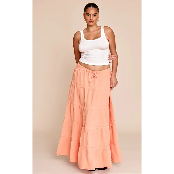Plus Peach Cotton Tiered Drawstring Waist Maxi Skirt
