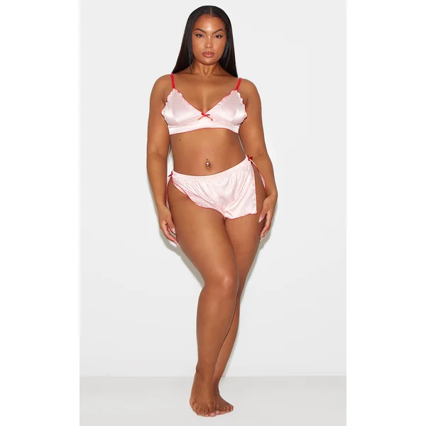 Plus Pink Cami Short Contrast Trim Satin PJ Set