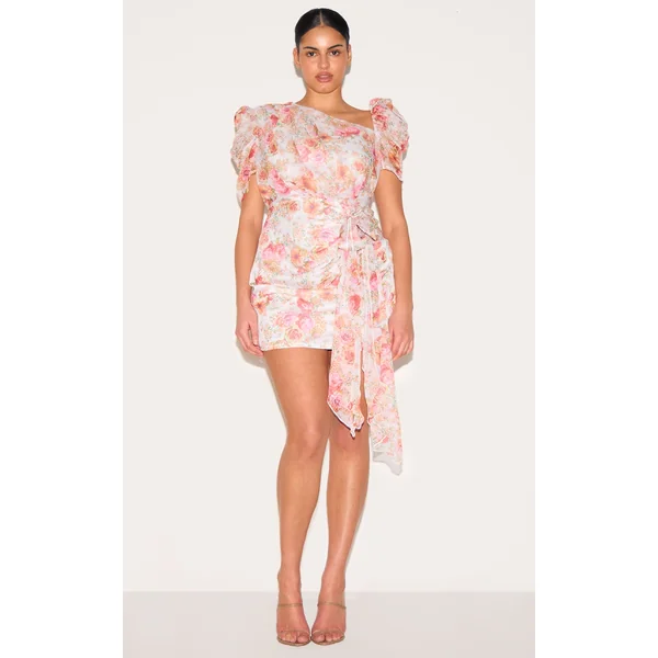 Plus Pink Chiffon Floral Print One Shoulder Draped Bodycon Dress