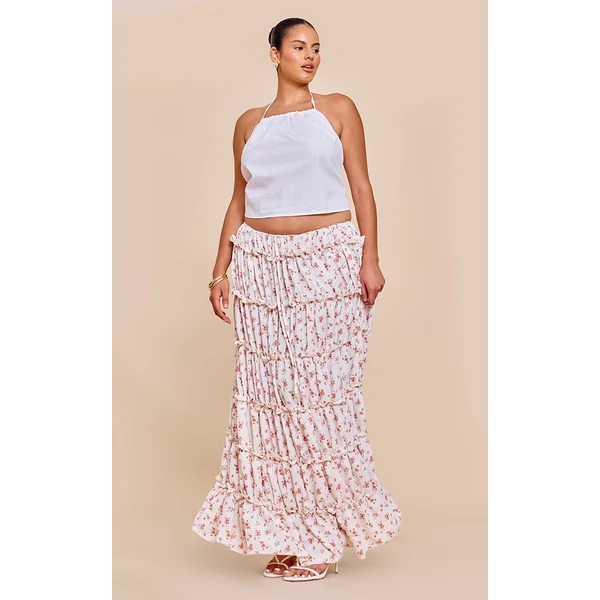 Plus Pink Ditsy Floral Print Tiered Maxi Skirt