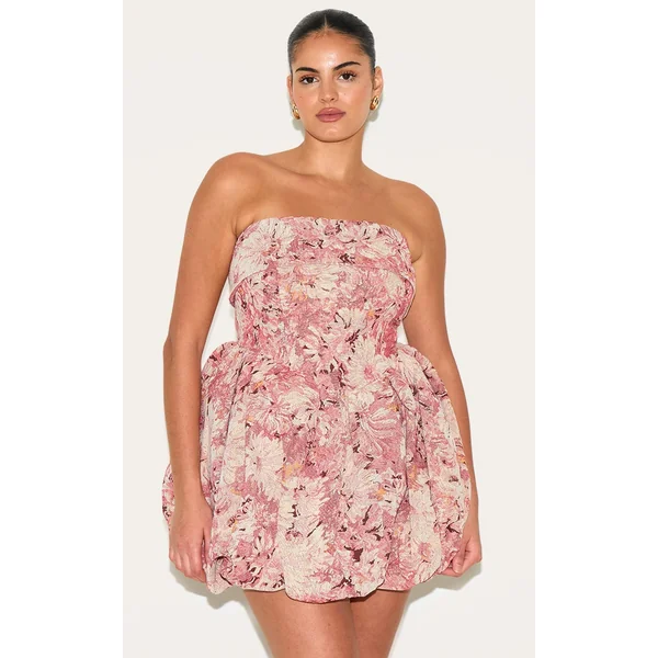 Plus Pink Floral Tapestry Bandeau Extreme Puffball Dress