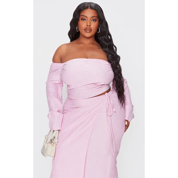 Plus Pink Long Sleeve Bardot Crop Top