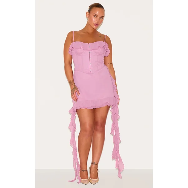 Plus Pink Rose Frill Detail Draped Mini Dress