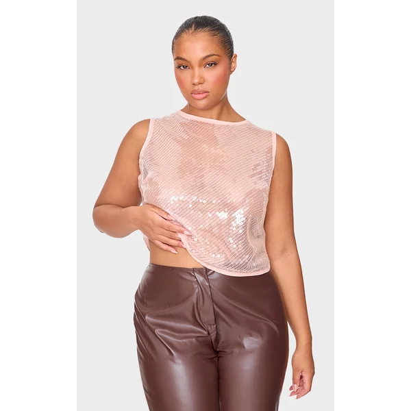 Plus Pink Sequin Sleeveless Long Top