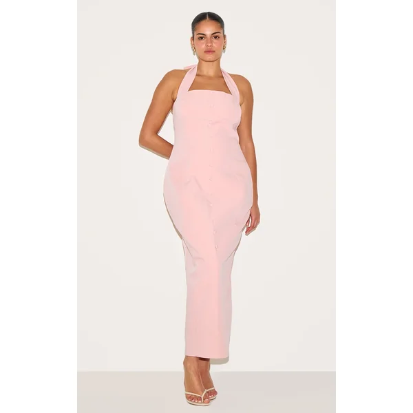Plus Pink Woven Halter Button Maxi Dress