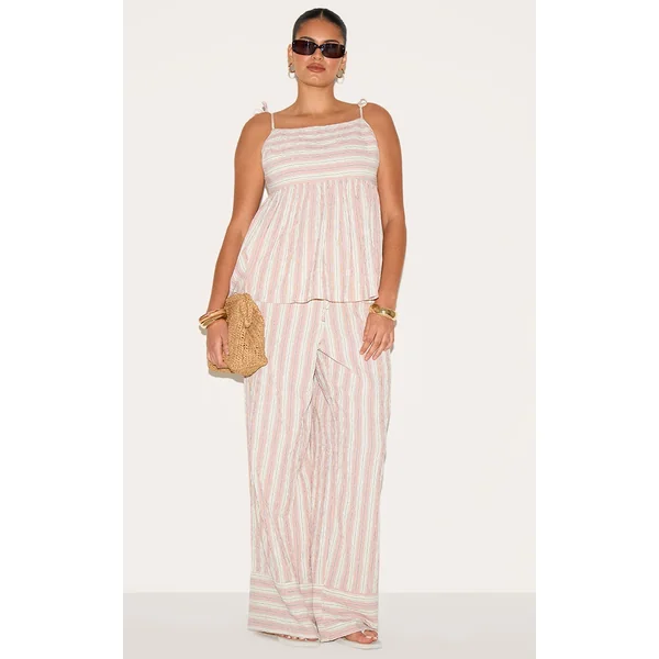 Plus Pink Woven Textured Striped Straight Leg Pants