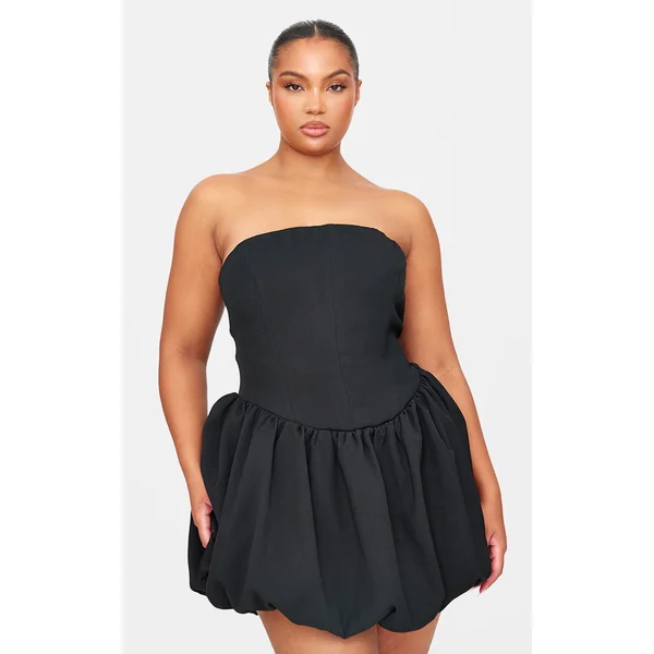 Plus Premium Black Bandeau Puff Ball Dress