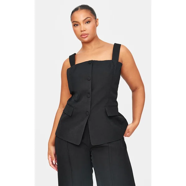 Plus Premium Black Button Detail Corset Vest