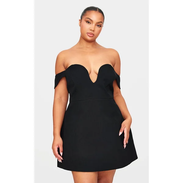 Plus Premium Black Wired Bardot Shift Dress