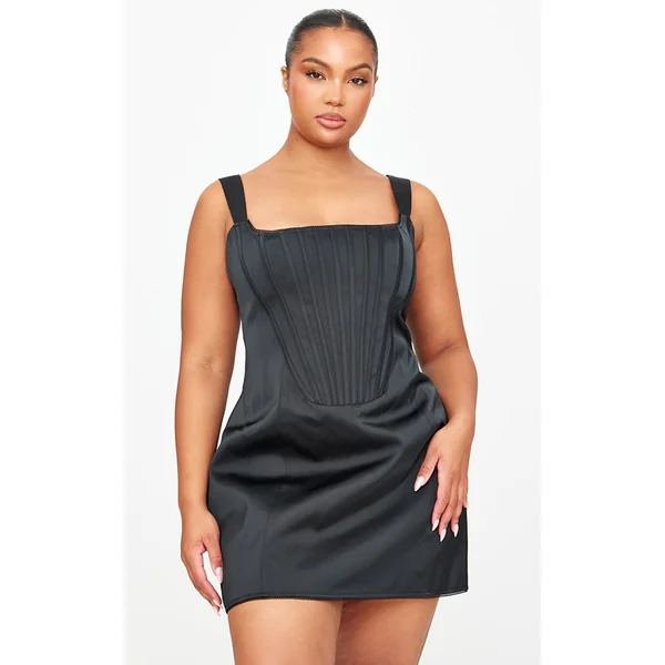 Plus Premium Black Woven Lace Back Corset Bodycon Dress