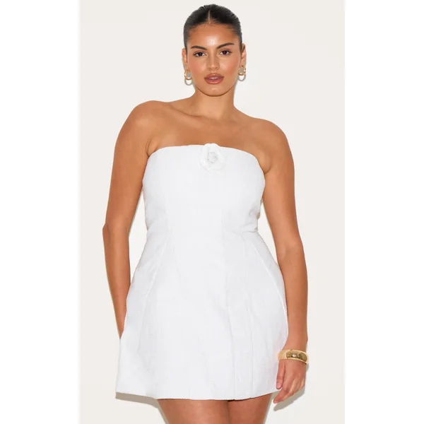 Plus Premium White Boucle Camellia A-line Dress