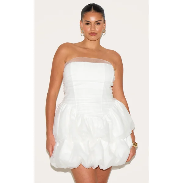 Plus Premium White Tulle Layered Corset Puffball Hem Bodycon Dress