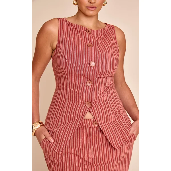Plus Red Boat Neckline Button Down Linen Look Stripe Vest