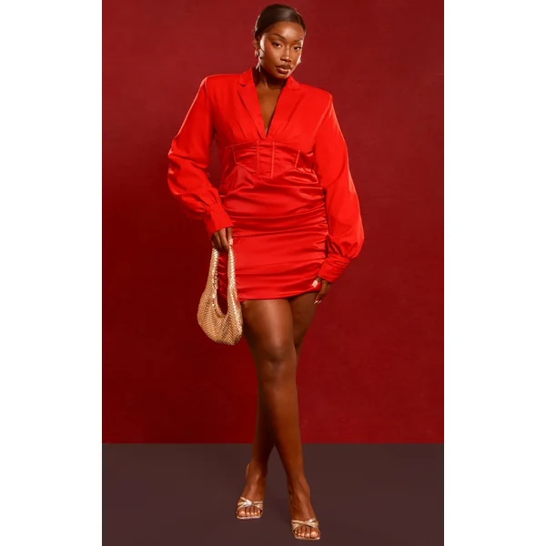 Plus Red Constructed Corset Waist Blazer Dress