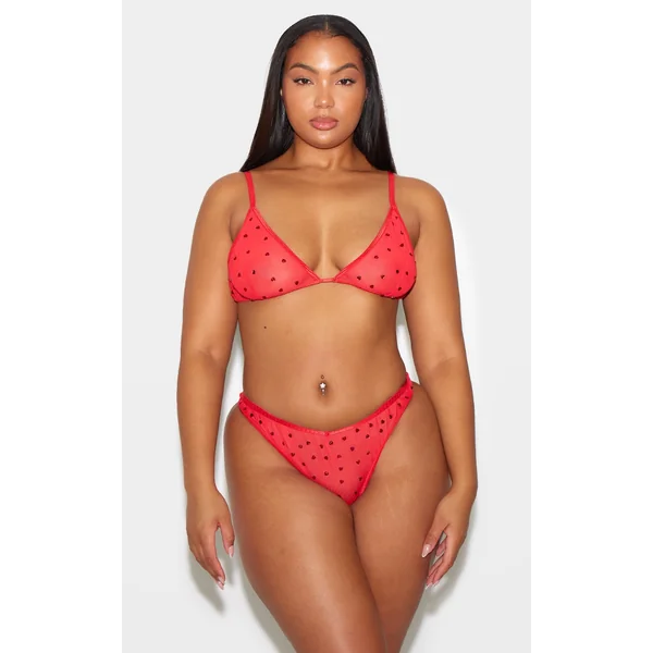 Plus Red Diamante Heart Mesh Triangle Bra