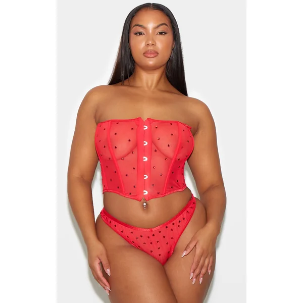 Plus Red Diamante Mesh Heart Corset
